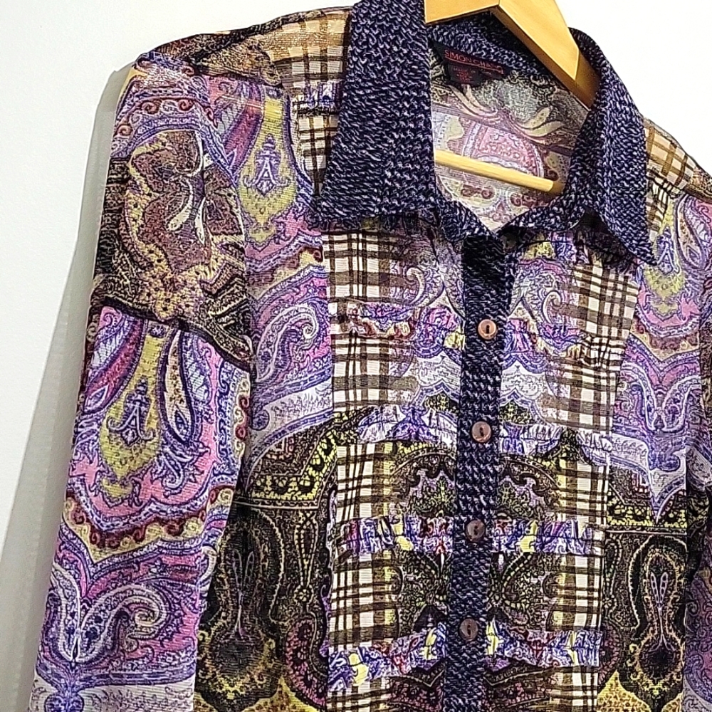 Simon Chang Women's Purple and Blue Button Down Top Artistic Pattern